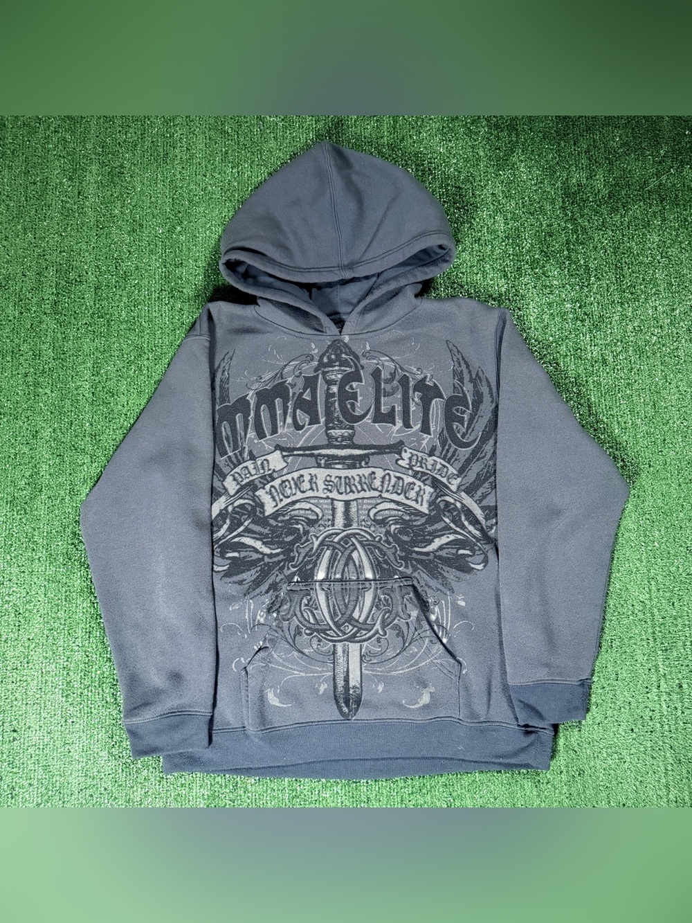 Y2K MMA Elite Hoodie Size Large Never Surrender Sword Graphic Gray